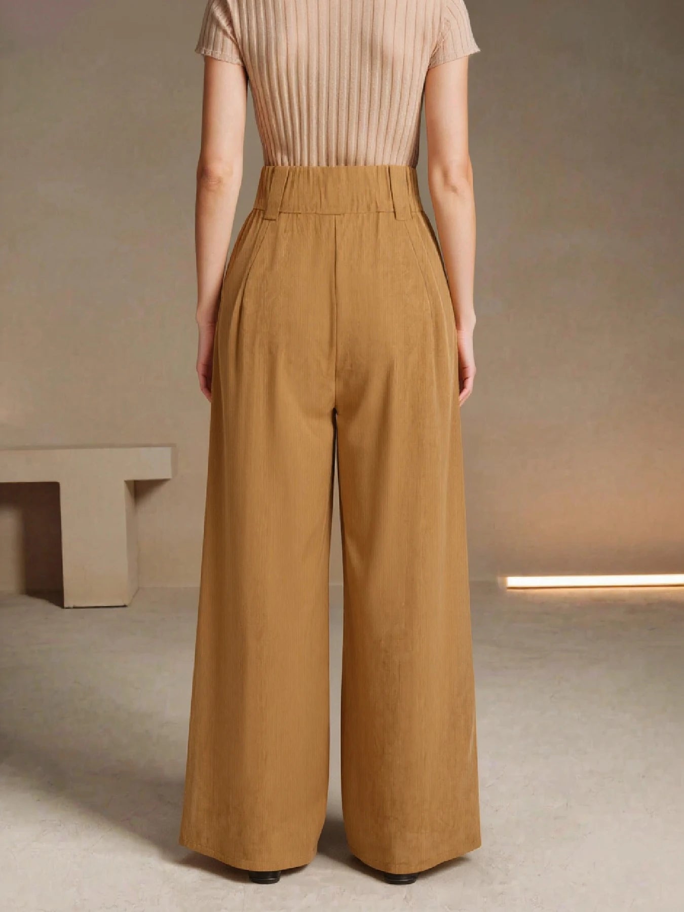 Women High Waist Corduroy Wide Leg Pants Pockets Casual Streetwear