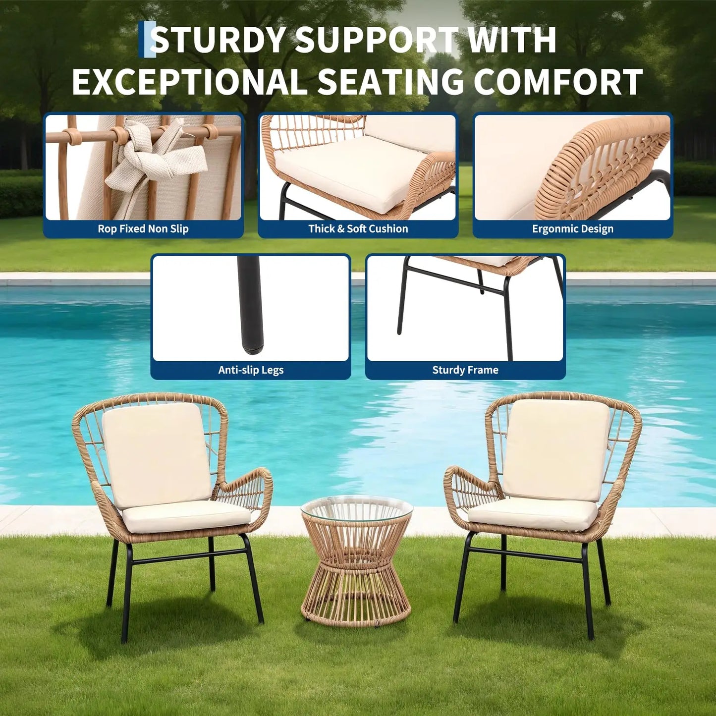 HobbyLane Boho 3 Piece Outdoor Patio Rattan Set With Glass