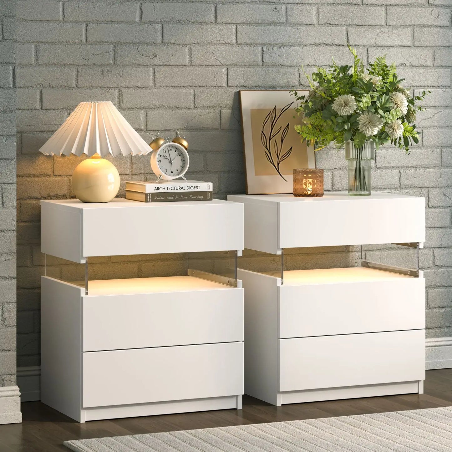 Cubehom Bedside Tables Set With LED Lighting For Bedroom