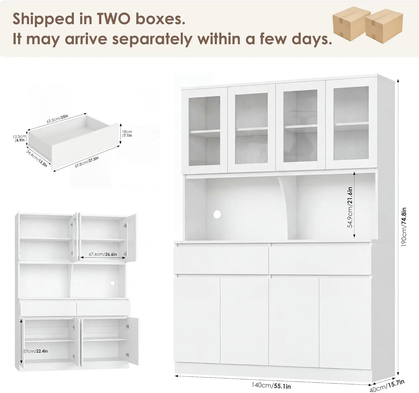 Kitchen Pantry Storage Cabinet With Glass Doors And Drawers