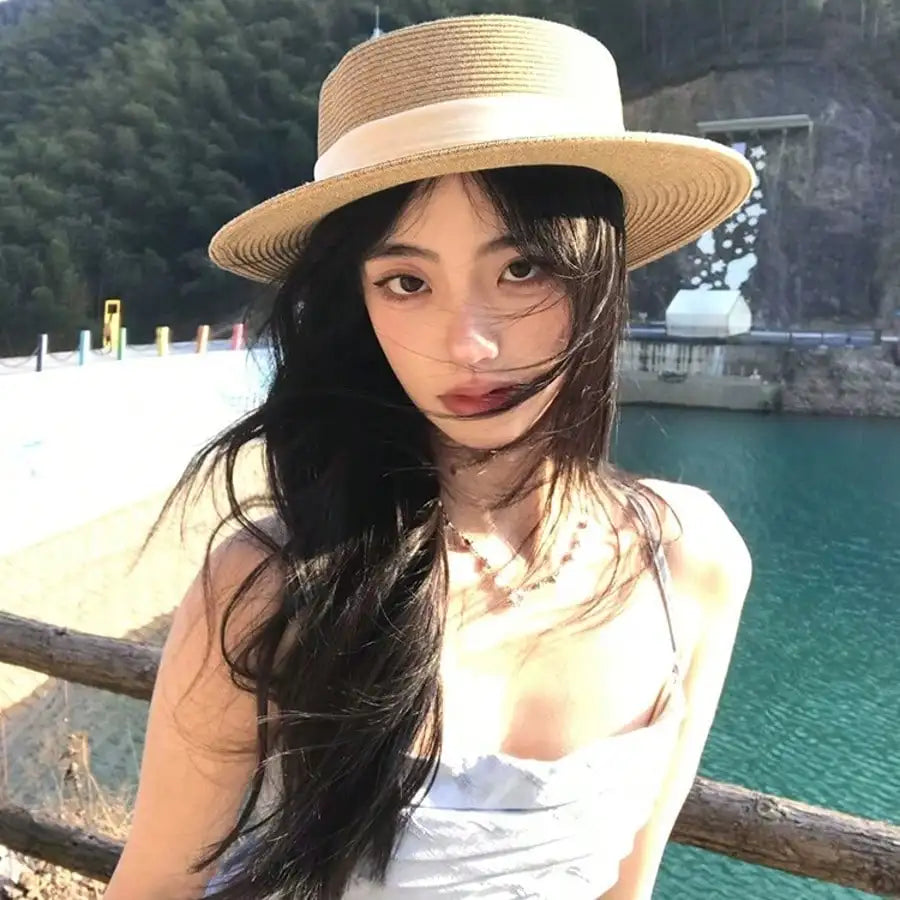 Women Straw French Chic Boater Sun Hat For Outdoor Summer