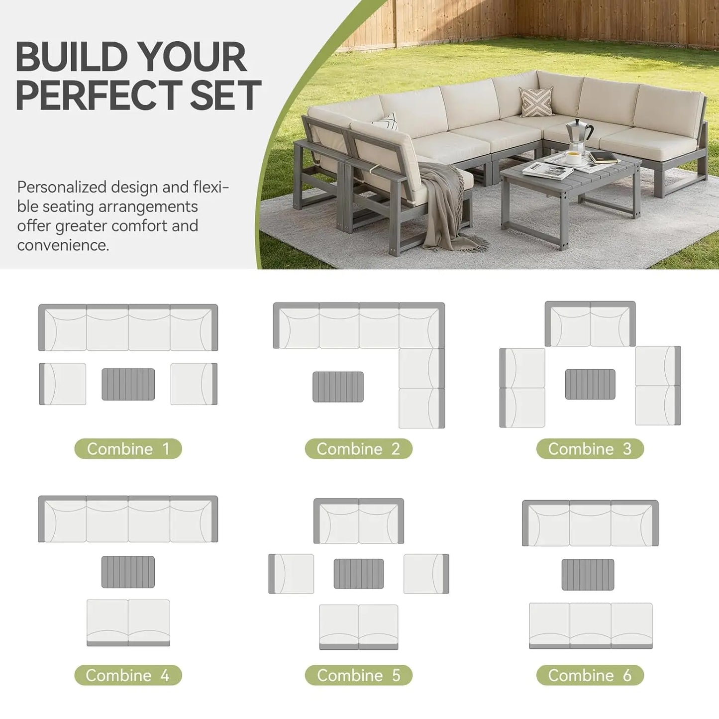 Wooden Outdoor 7 Piece Patio Sectional Furniture Set