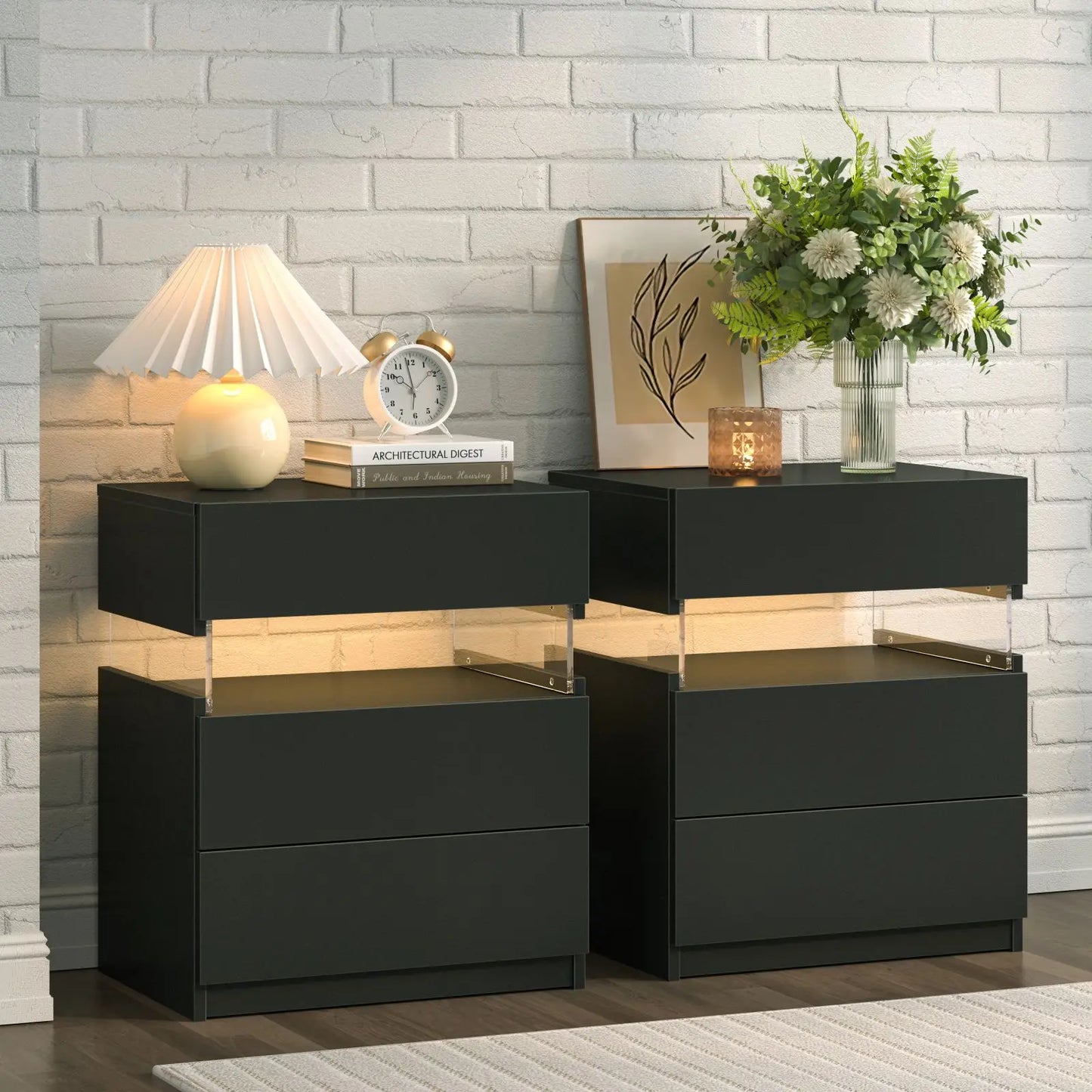 Cubehom Bedside Tables Set With LED Lighting For Bedroom
