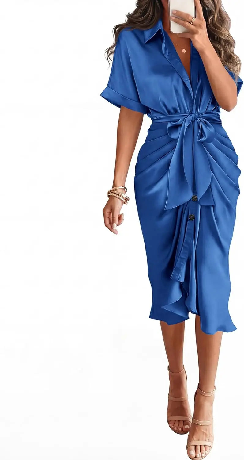 Elegant Women Summer Satin Midi Dress V Neck Short Sleeve