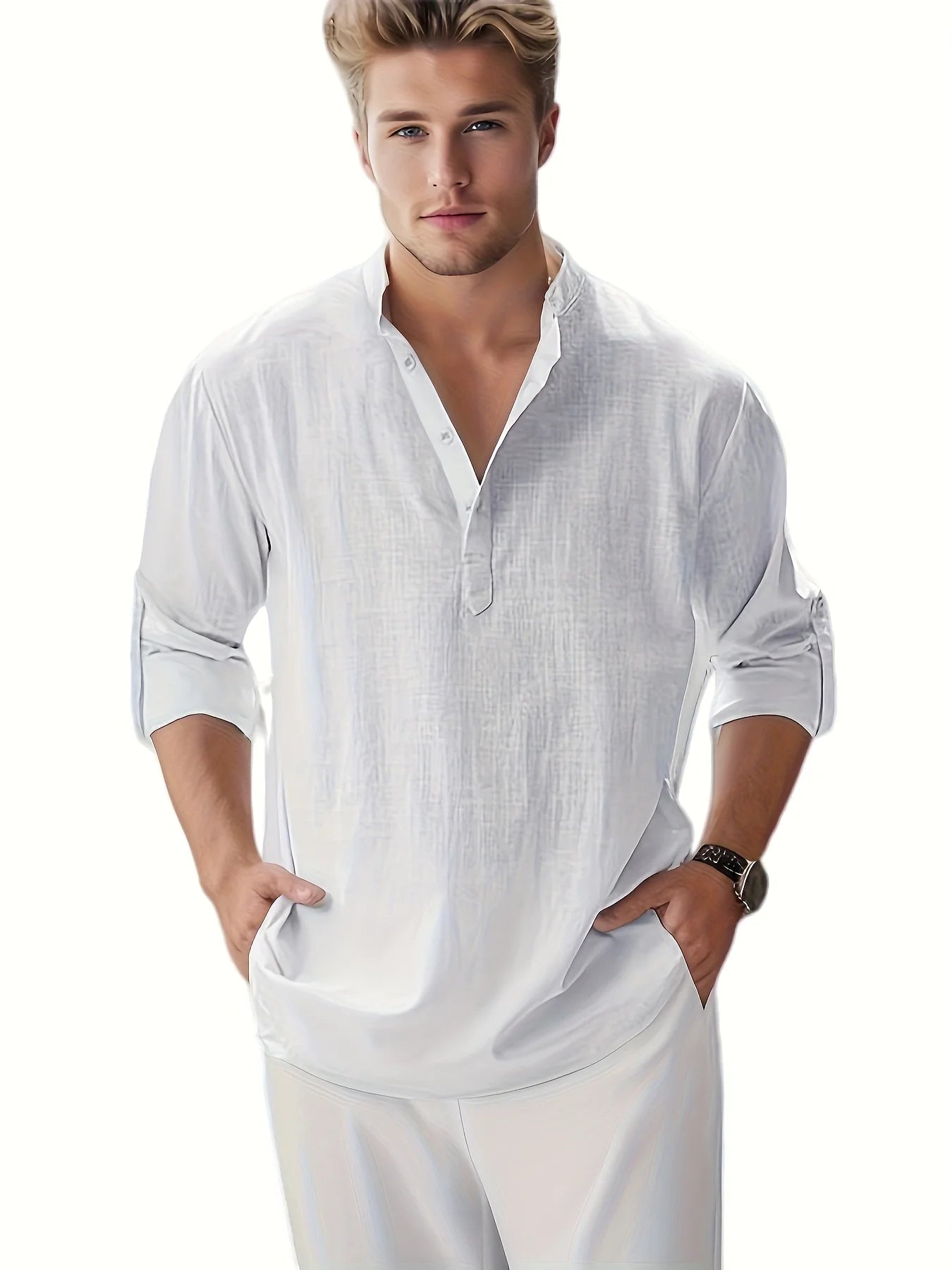 Mens Long Sleeve Cotton Linen Shirt Loose Fit Summer Wear