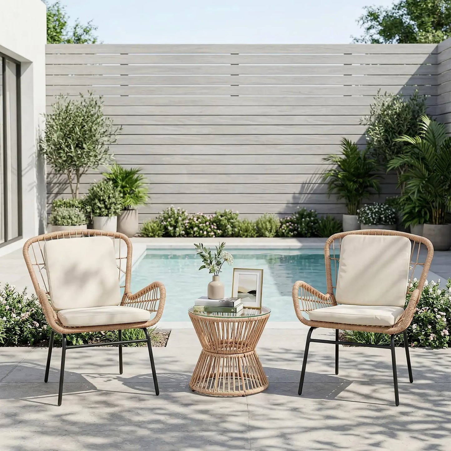 HobbyLane Boho 3 Piece Outdoor Patio Rattan Set With Glass