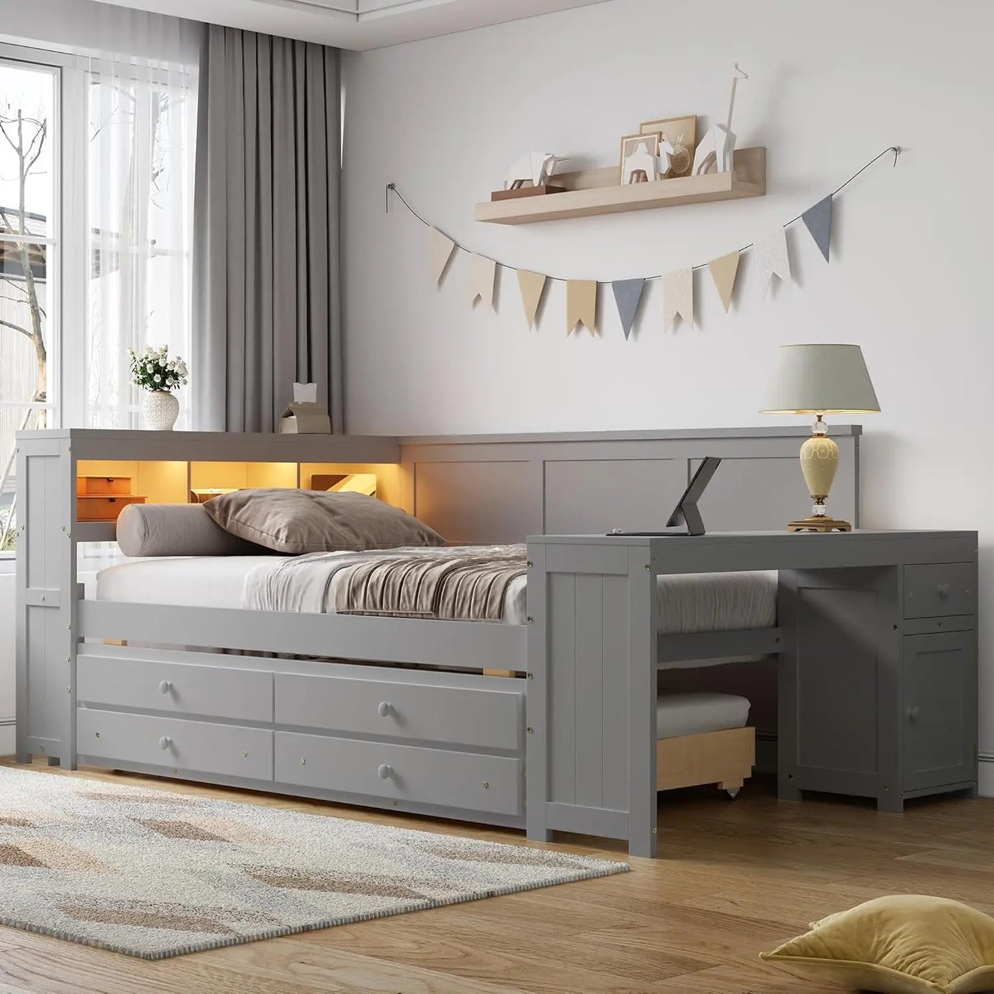 Daybed With Desk, Cabinet And USB Charging Storage