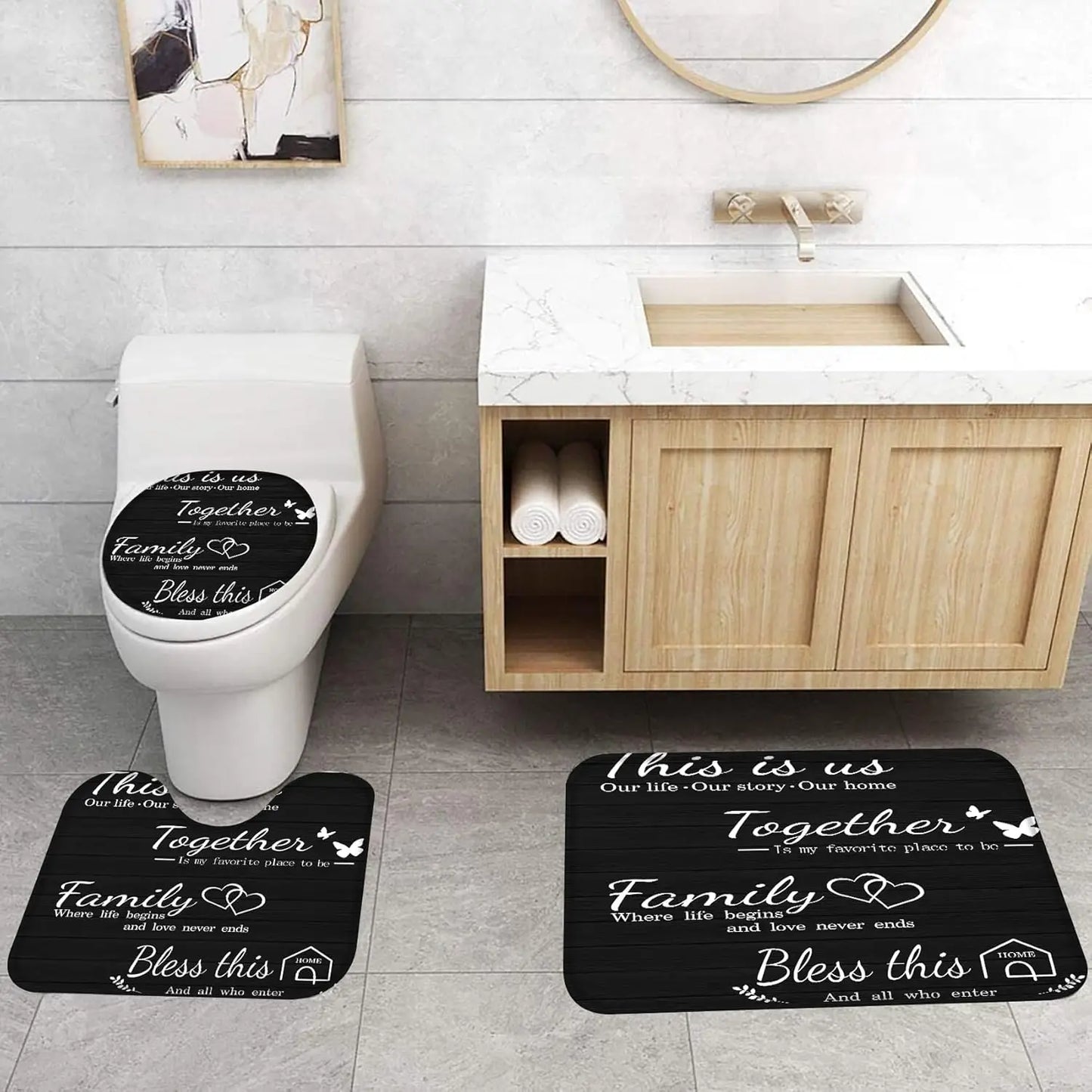 4 Piece Waterproof Shower Curtain Set With Rug Bath Mat