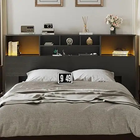 Wood Headboard With USB Ports, LED Lights, And Storage