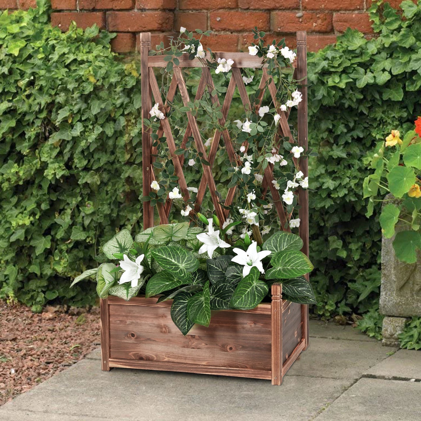 Elevated Wooden Garden Planter Box With Integrated Trellis