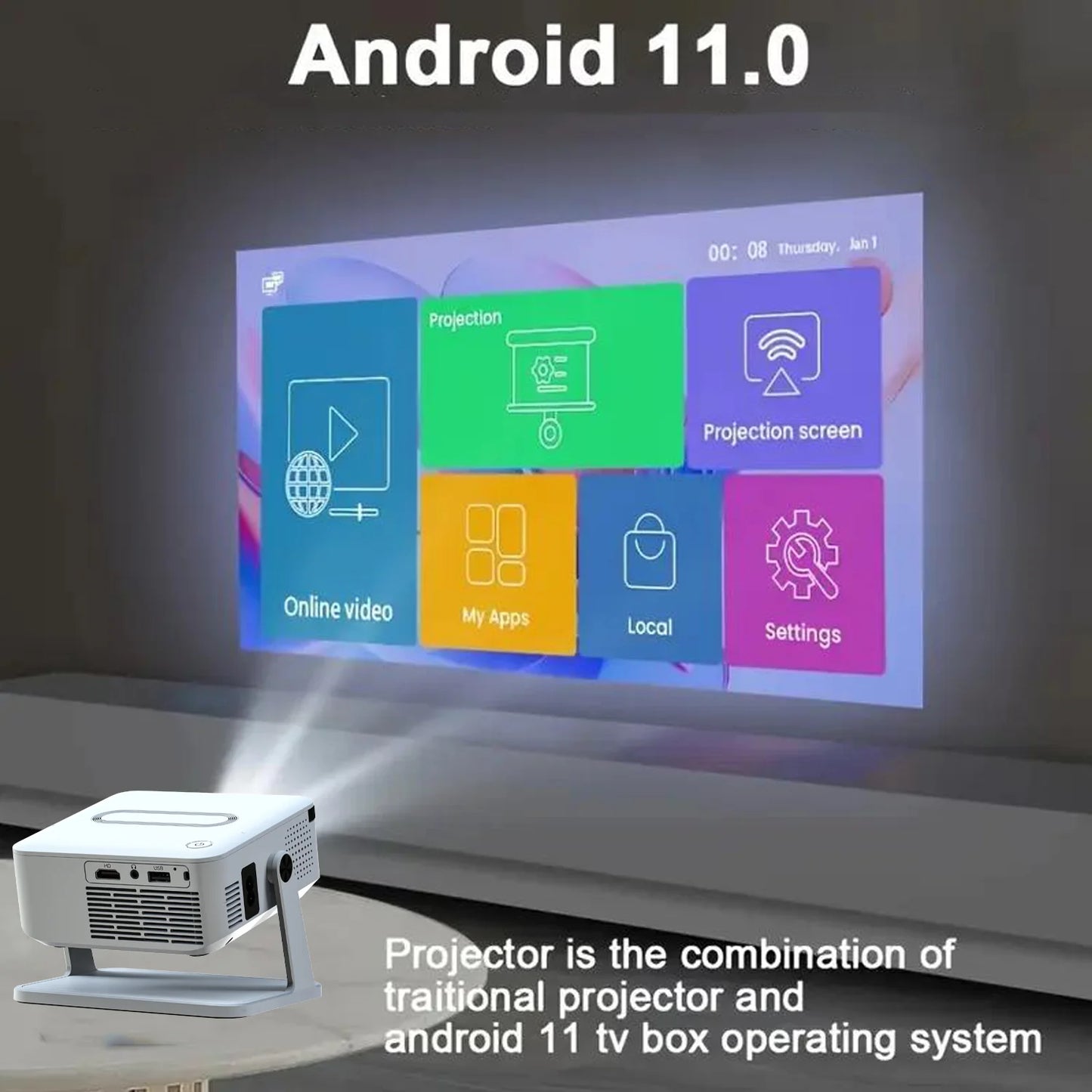 Xnano Android Digital Projector With Holder HDMI Smart Home Cinema