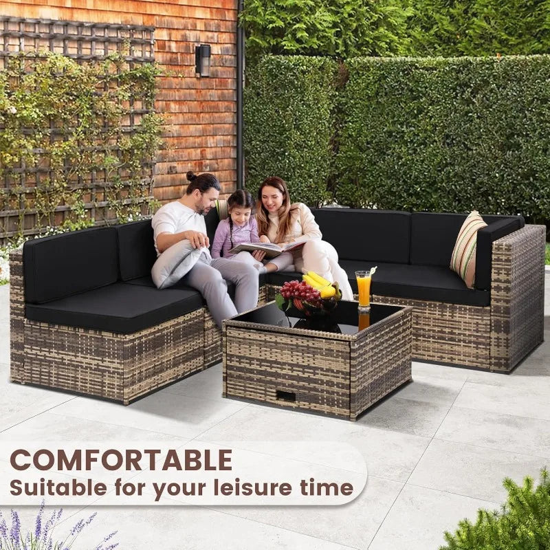 Outdoor Wicker Sectional Set With Hidden Storage Glass Top Table