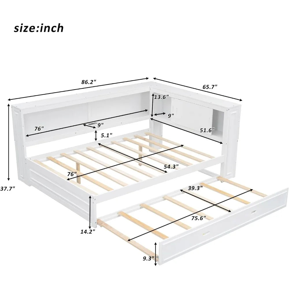 Daybed With Trundle And Storage Bookcase Led Lights Usb Ports