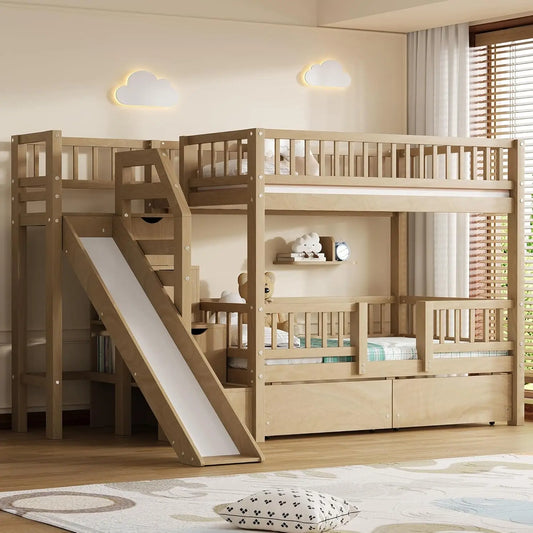 Twin Over Twin Bunk Bed With Slide Staircase And Storage