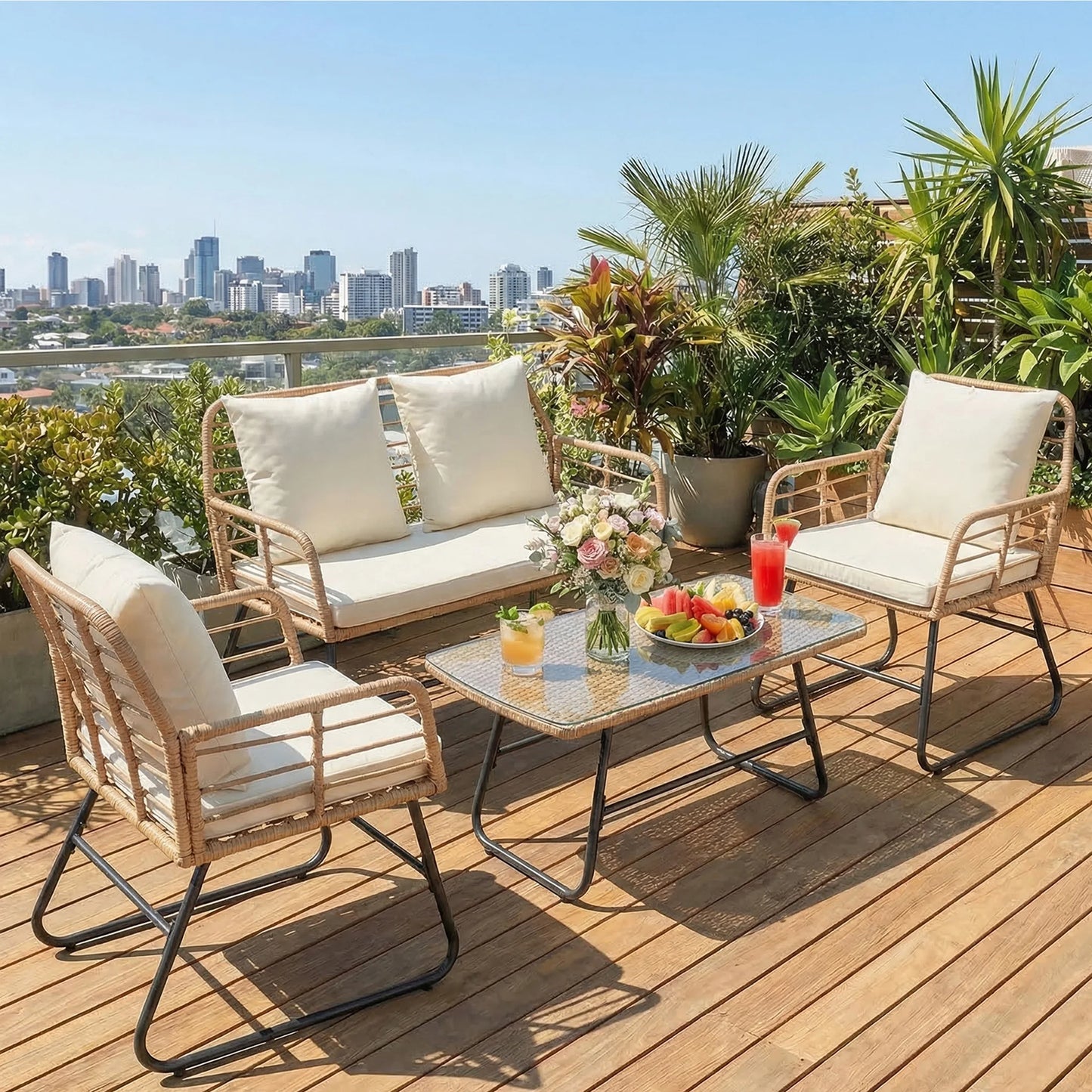 JHK Outdoor Wicker Patio Set, Four Pieces With Glass Table