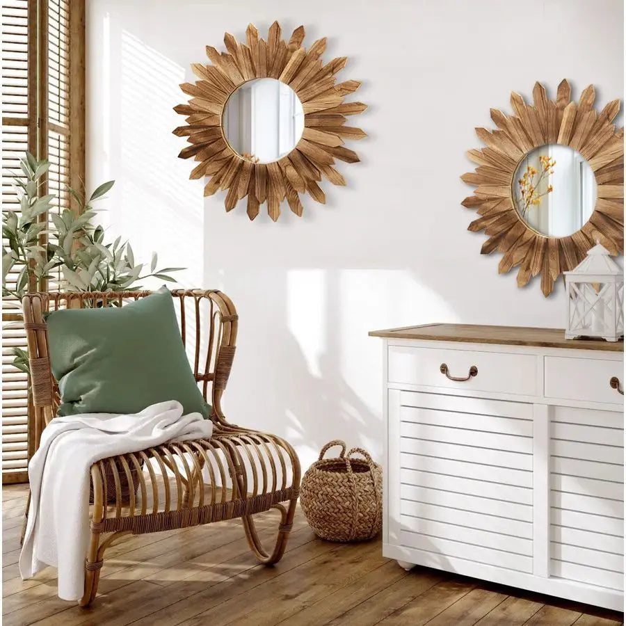 Boho Sunburst Wall Mirror Rustic Wood Decor Two Pack