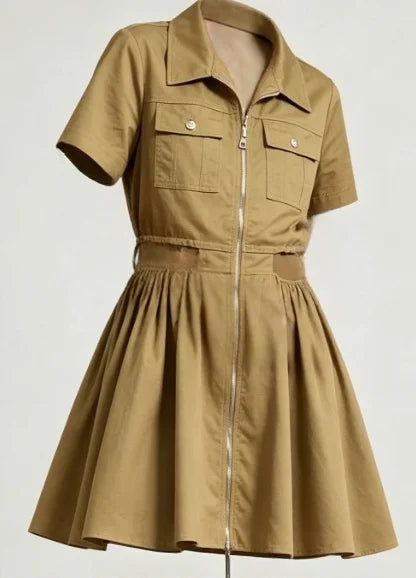 Women Short Sleeve Stand Collar Zipper Pleated Cotton Loose Dress