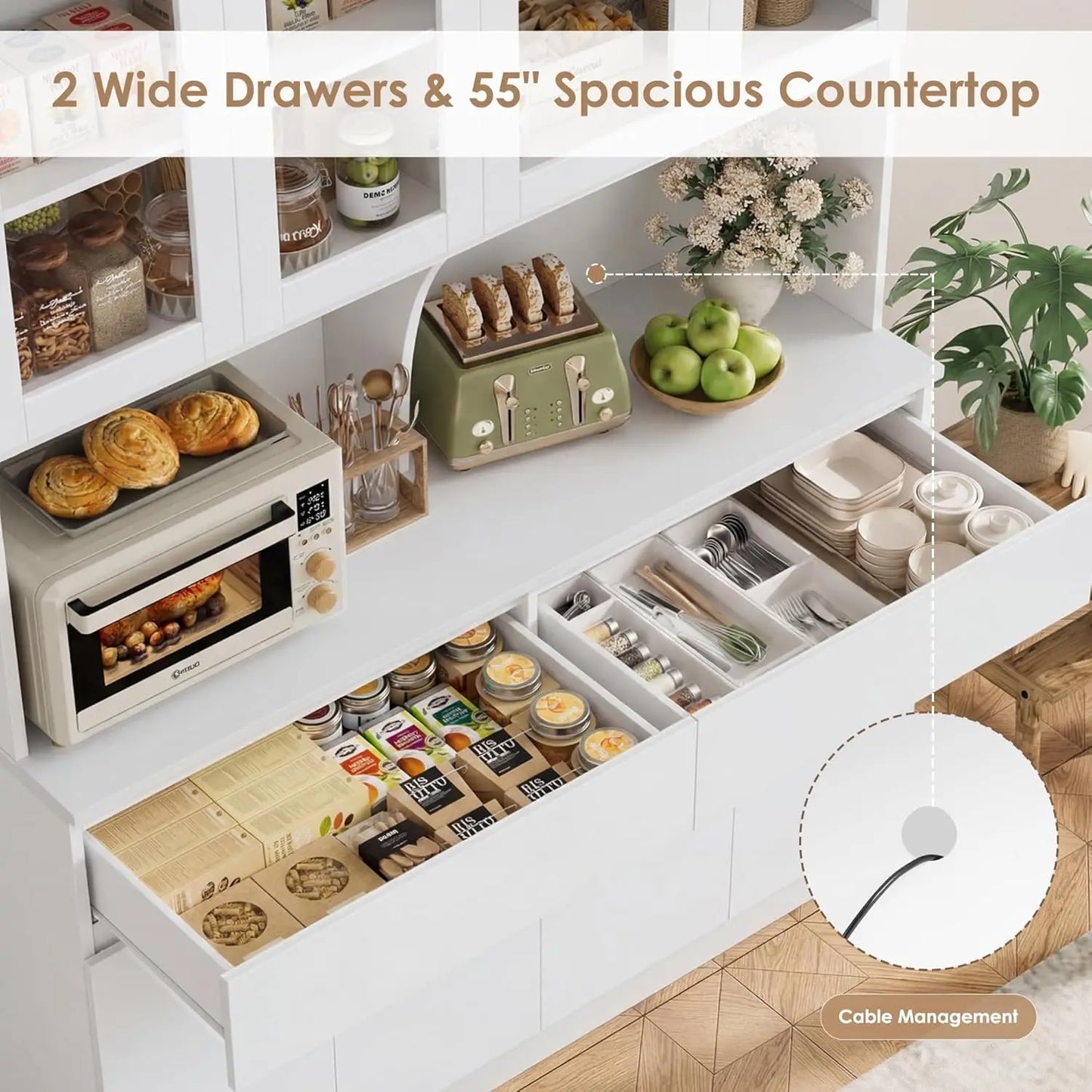 Kitchen Pantry Storage Cabinet With Glass Doors And Drawers