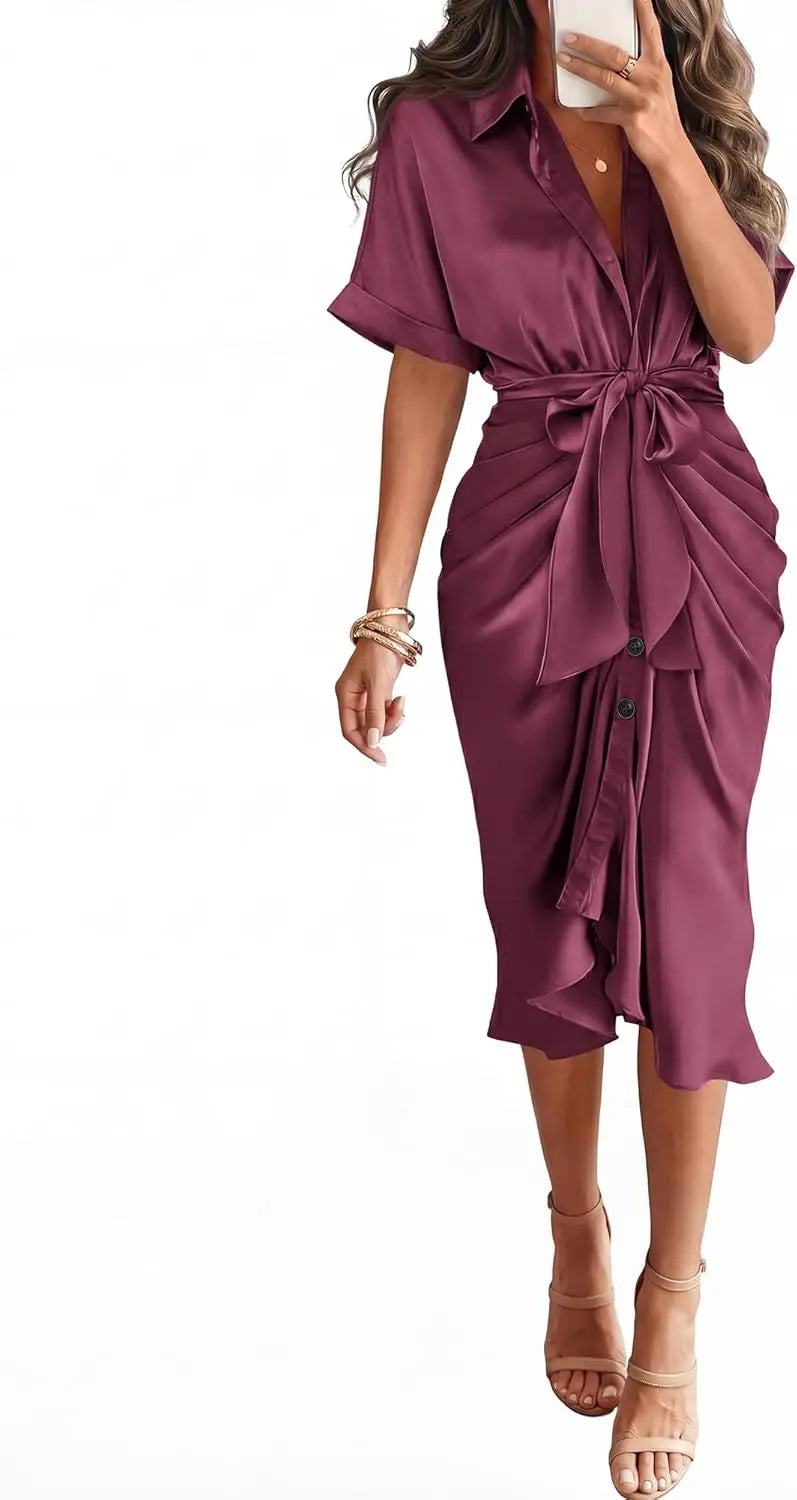 Elegant Women Summer Satin Midi Dress V Neck Short Sleeve
