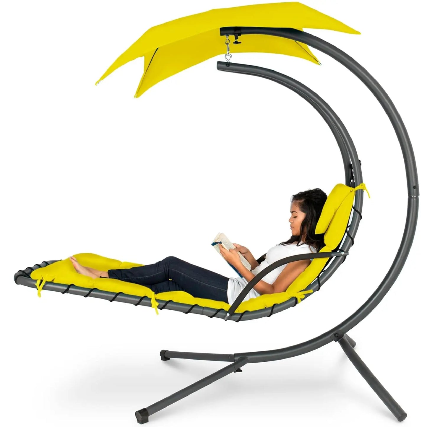 Curved Steel Outdoor Hanging Chaise Lounge With Built In Pillow And Canopy