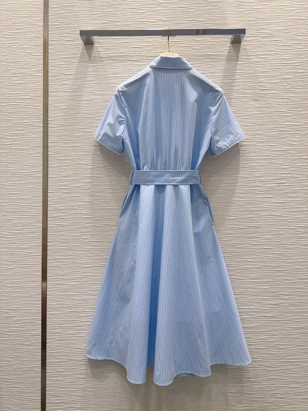 Women Elegant Cotton Short Sleeve Belted Button Lapel Collar Dress