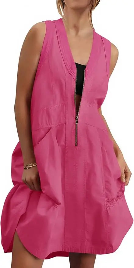 Fisoew Women Sleeveless V Neck Summer Dress With Convenient Pockets