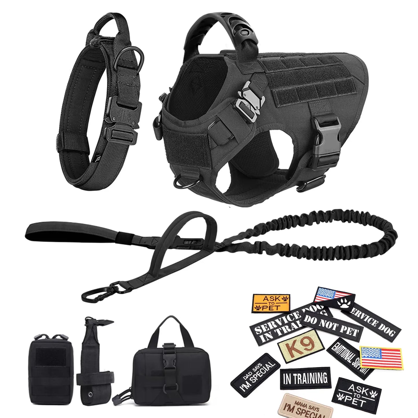 Military Large Dog Harness Vest Set With Leash And Patches