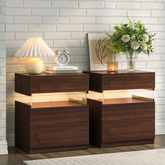 Cubehom Bedside Tables Set With LED Lighting For Bedroom