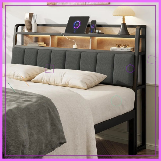 Queen Upholstered Headboard With Led Lights And Charging Station