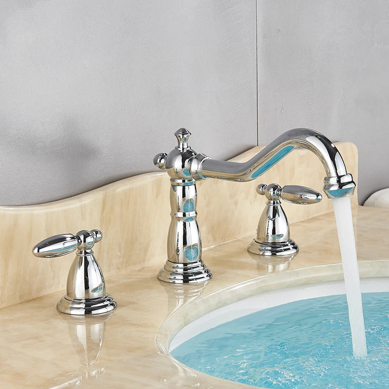 Saeuwtowy Antique Brass Bathroom Faucet Three Hole Deck Mount
