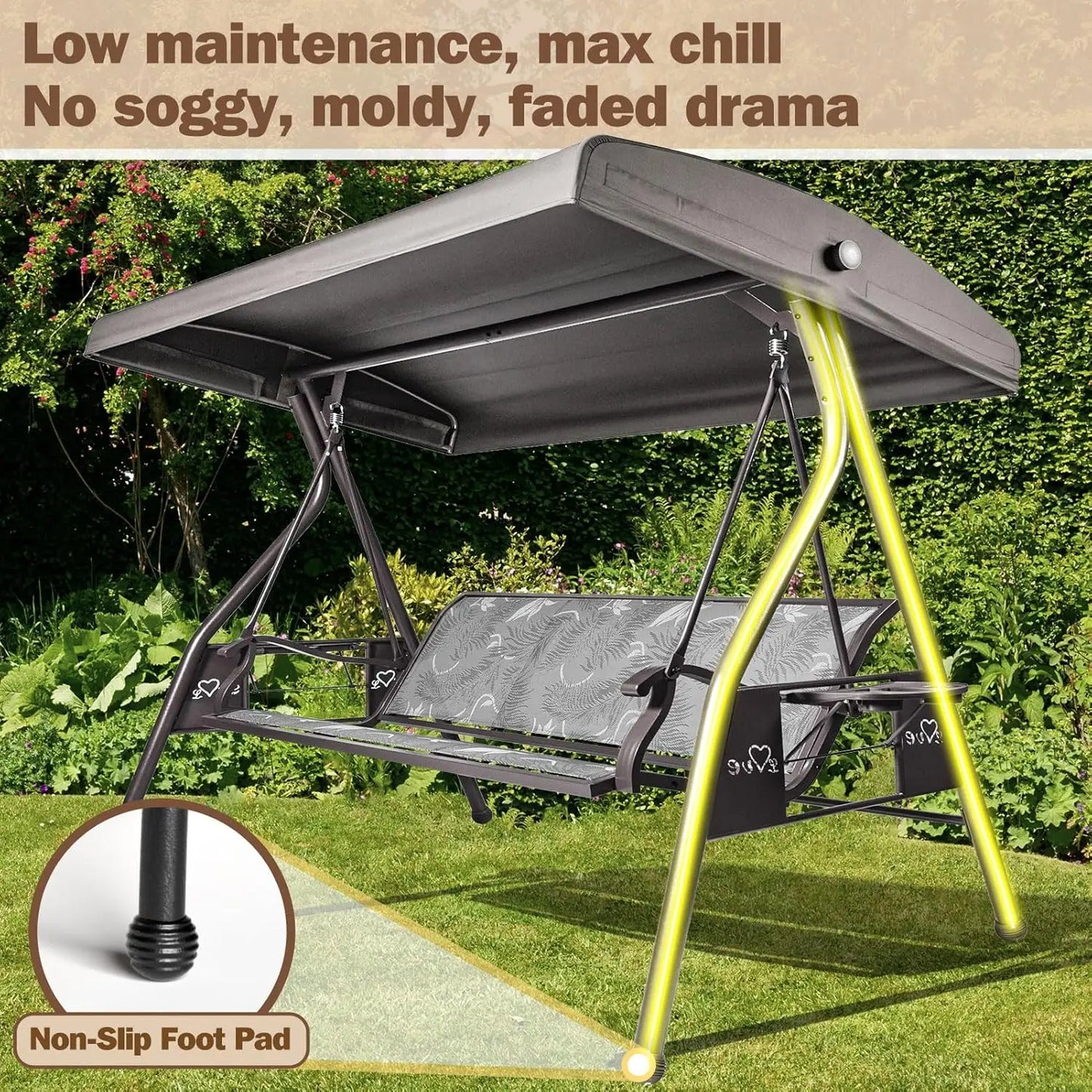 Outdoor 3-Seat Patio Swing Chair With Adjustable Cup Holders