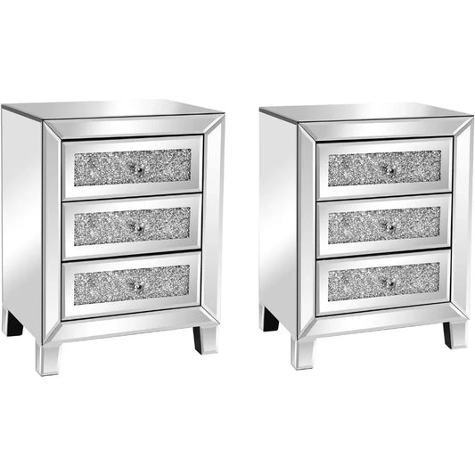 Mirrored Bedside Table Set of 2, Modern Glass Nightstands