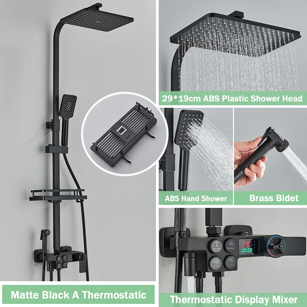 Rozin Thermostatic Shower Faucet Set Wall Mounted Digital Mixer Rainfall Bidet
