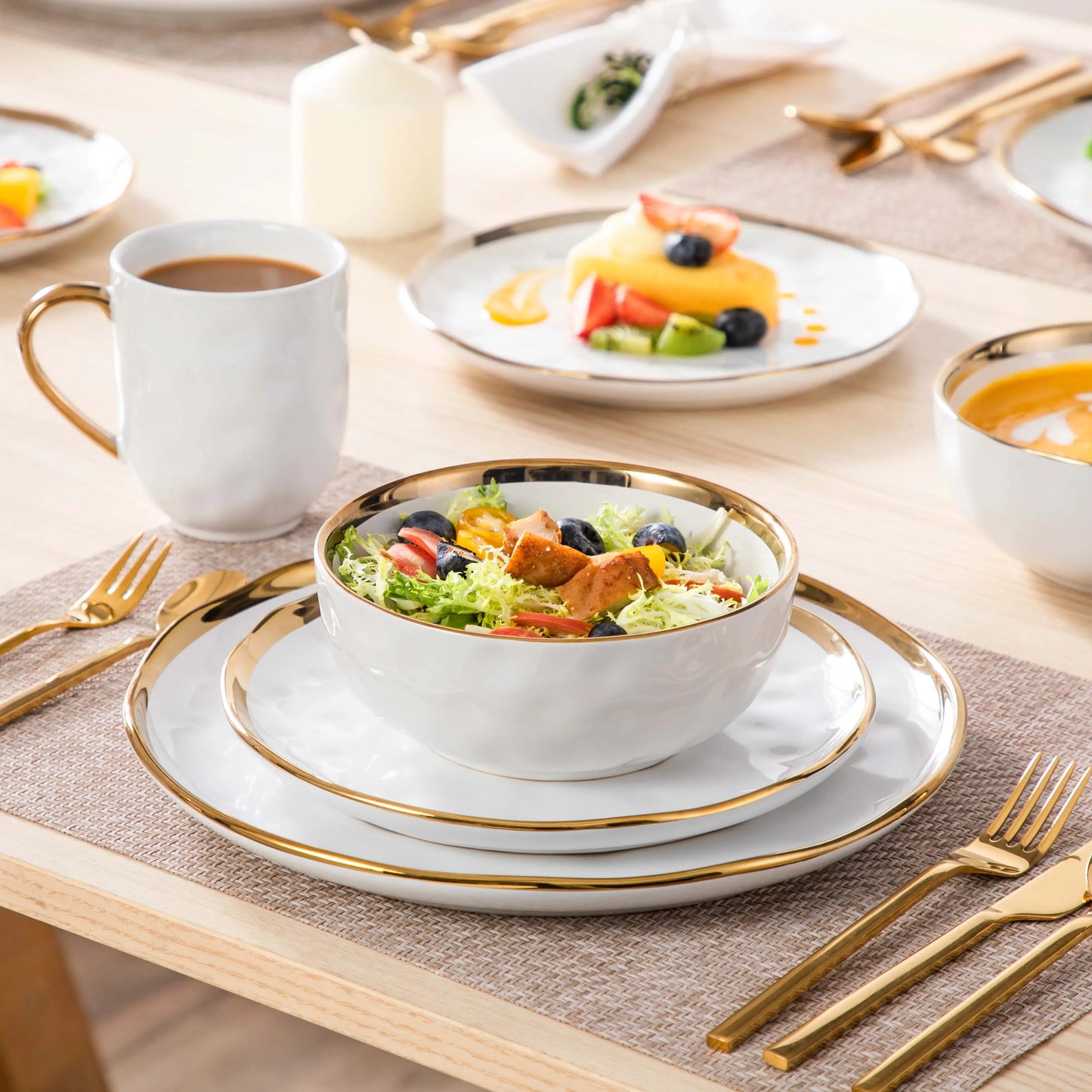 MALACASA White Stoneware Handmade Dinnerware Set With Gold Trim