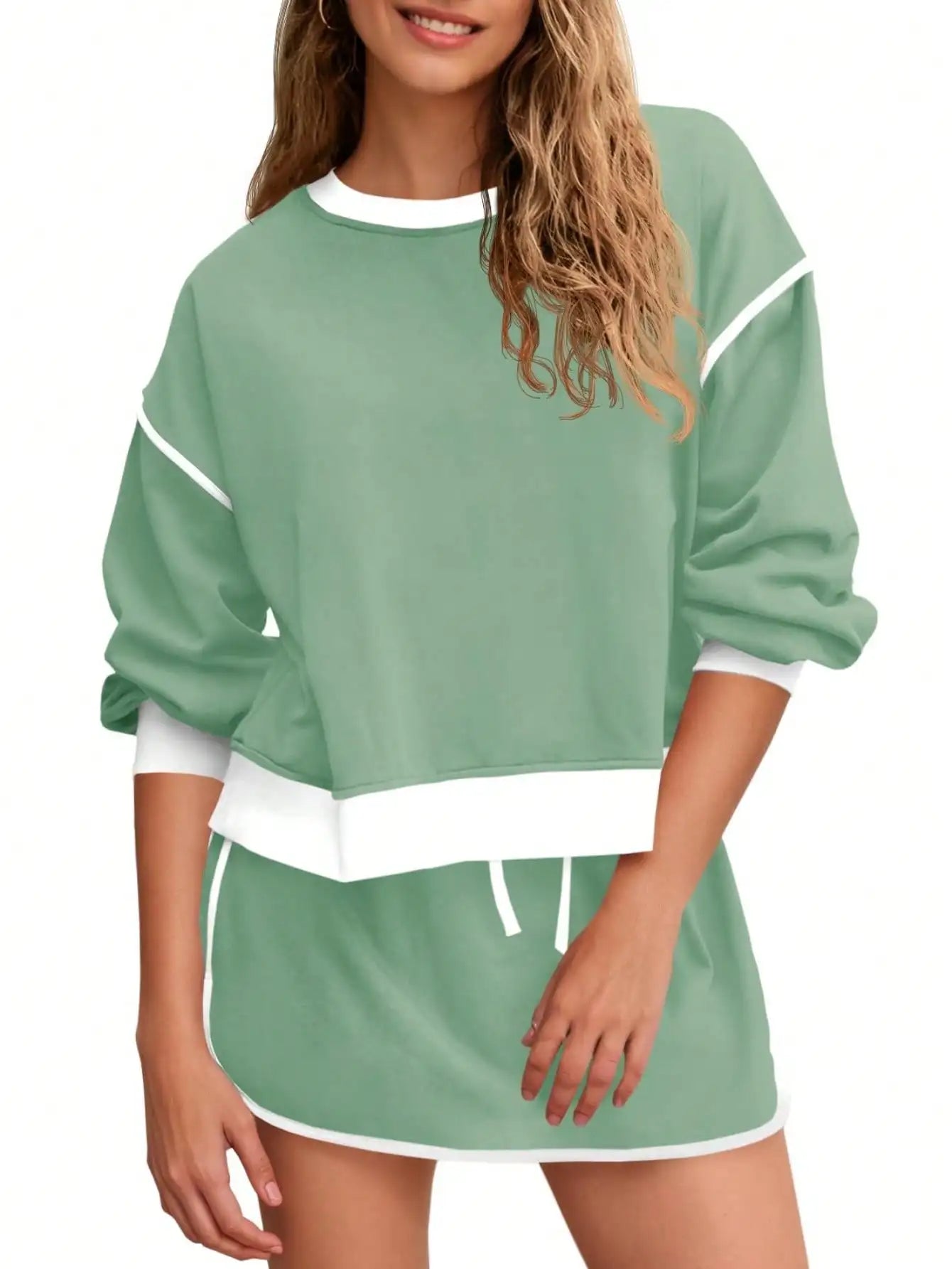 Fisoew Women's 2 Piece Crewneck Sweatshirt Skort Sweatsuit Lounge Set