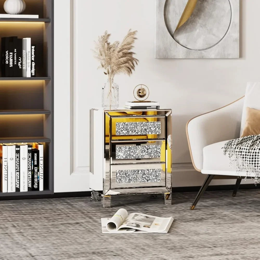 Mirrored Bedside Table Set of 2, Modern Glass Nightstands