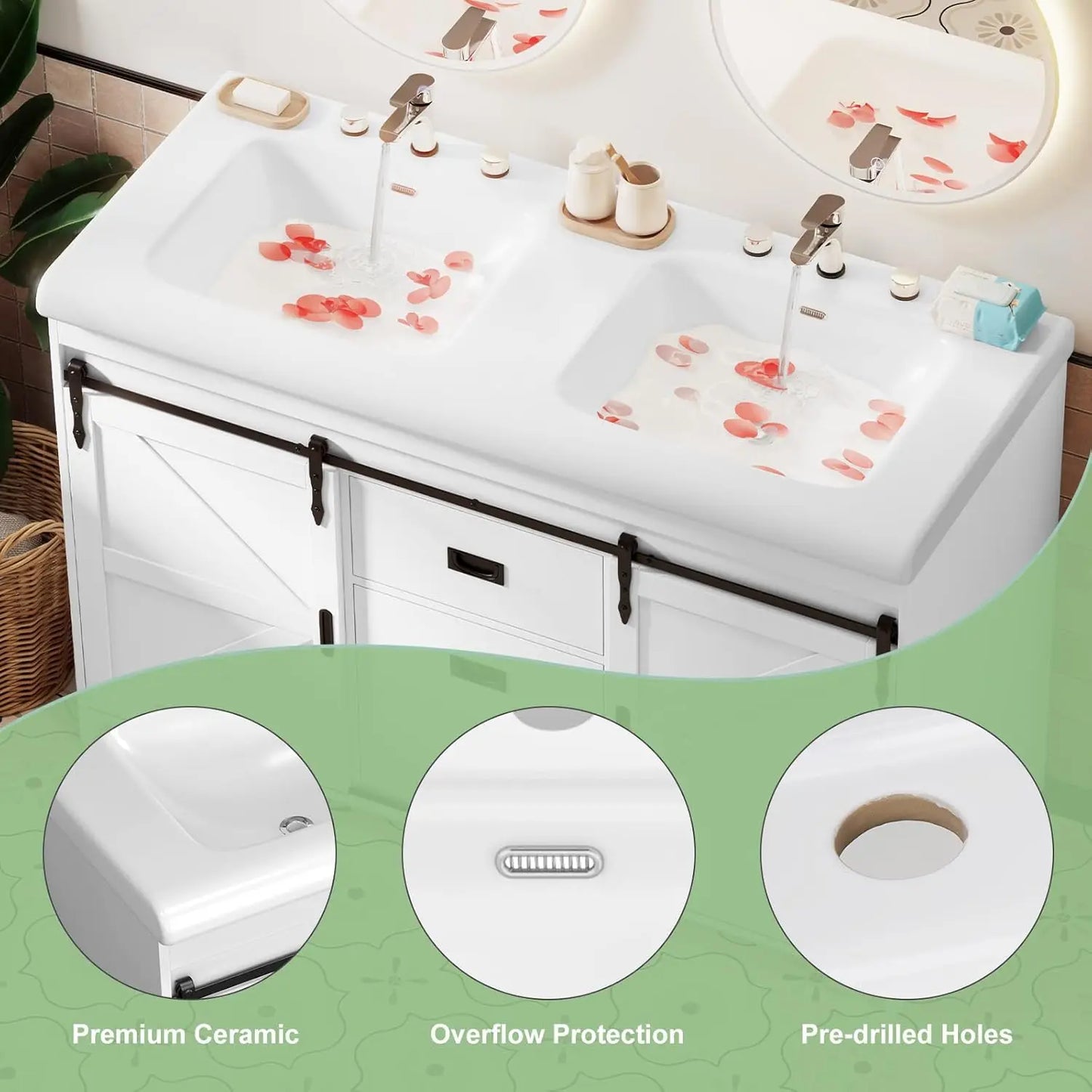 Double Sink Bathroom Vanity With Barn Sliding Doors Drawers