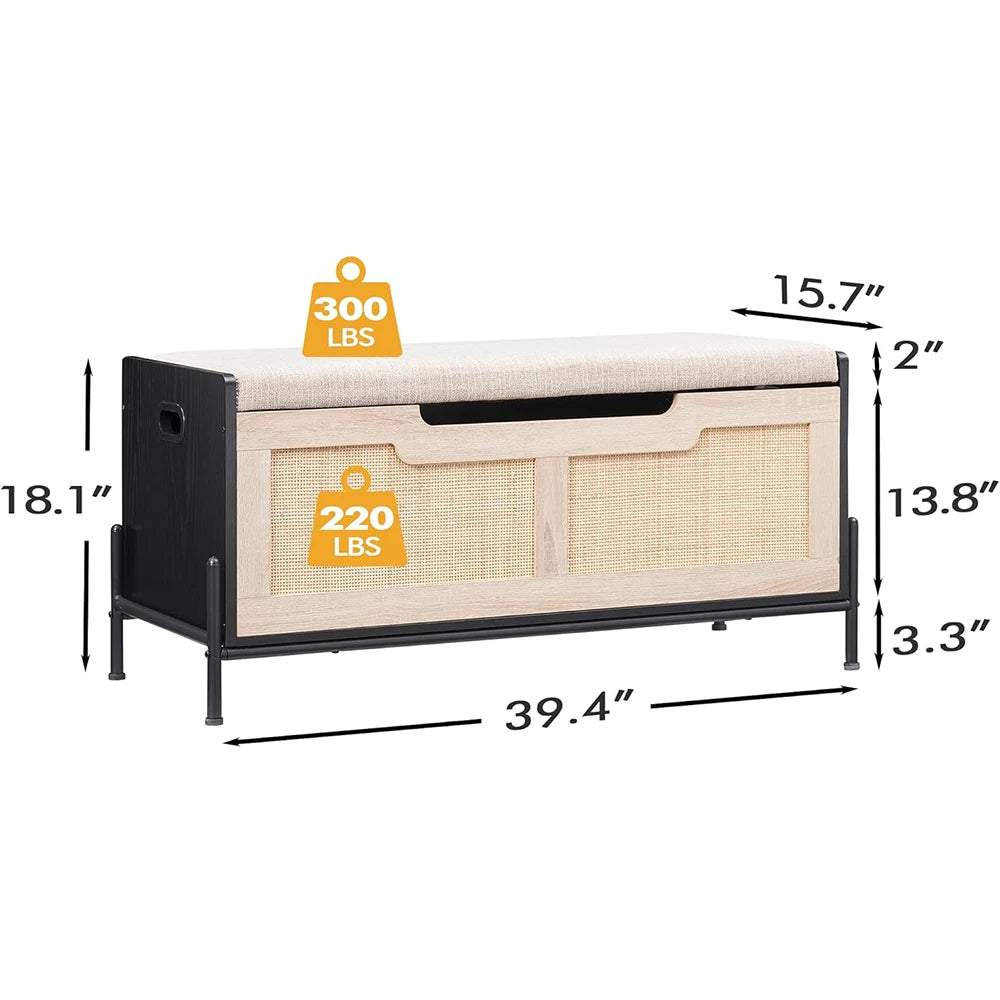 HobbyLane Rattan Storage Bench With Cushioned Seat For Entryway