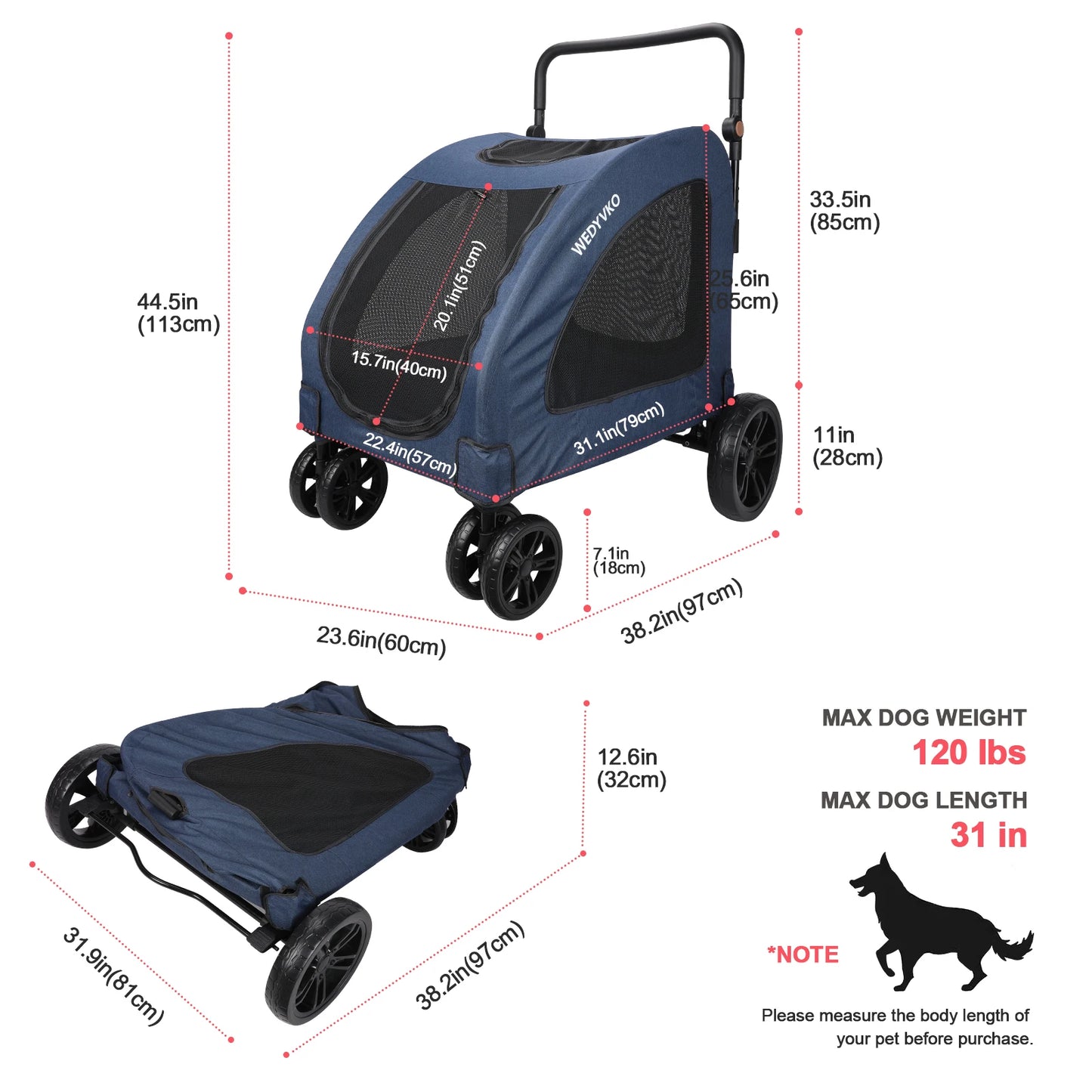 Heavy Duty Foldable Dog Stroller For Large Dogs With Ventilation