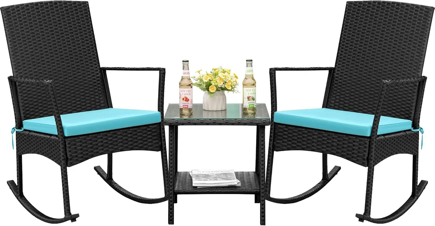 Flamaker Outdoor Rocking Chair Set Rattan Patio Chairs With Glass Table