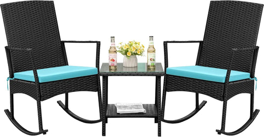 Flamaker Outdoor Rocking Chair Set Rattan Patio Chairs With Glass Table