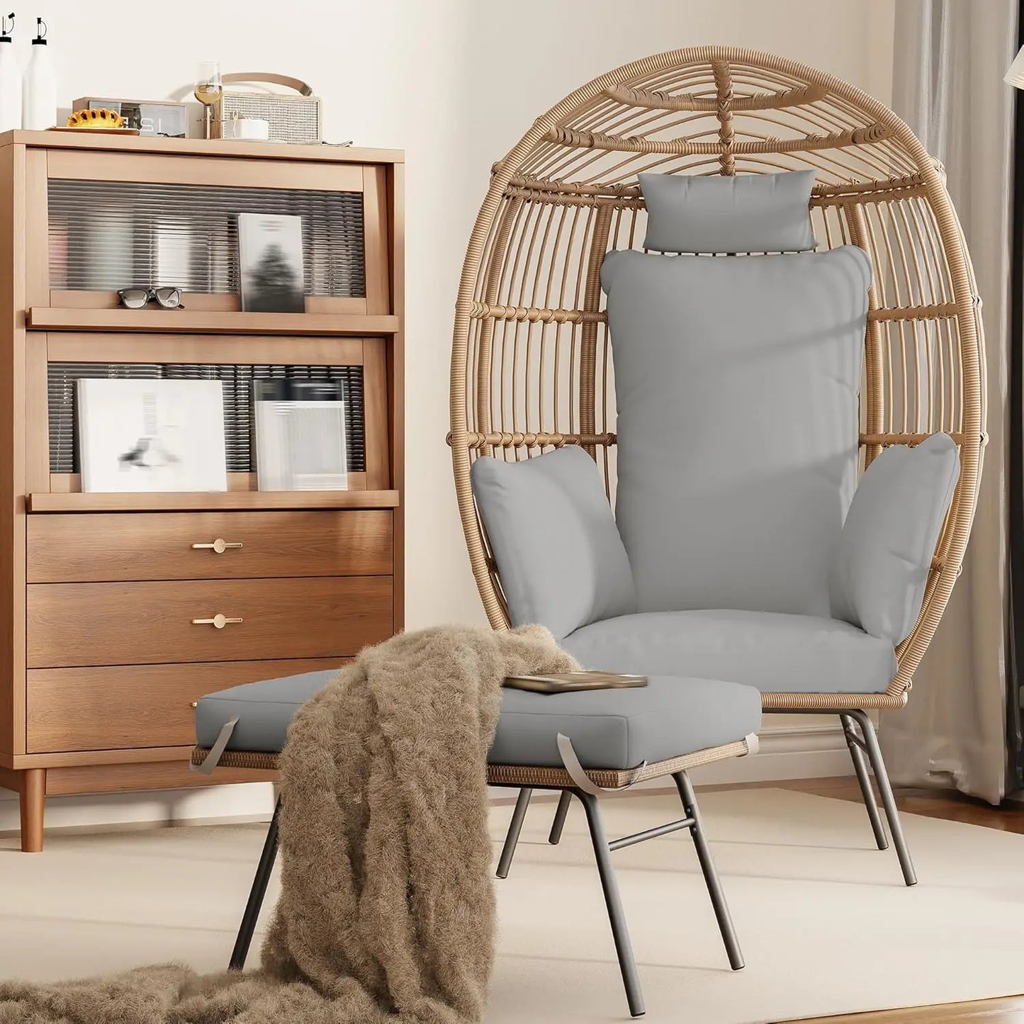 Wicker Egg Chair With Ottoman Outdoor Patio Lounge Cushions