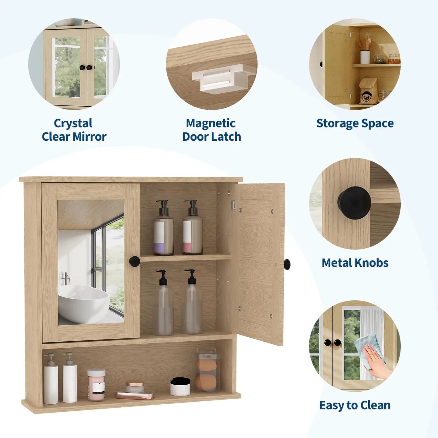 HiMISS Wooden Wall Mounted Bathroom Cabinet With Mirror Doors