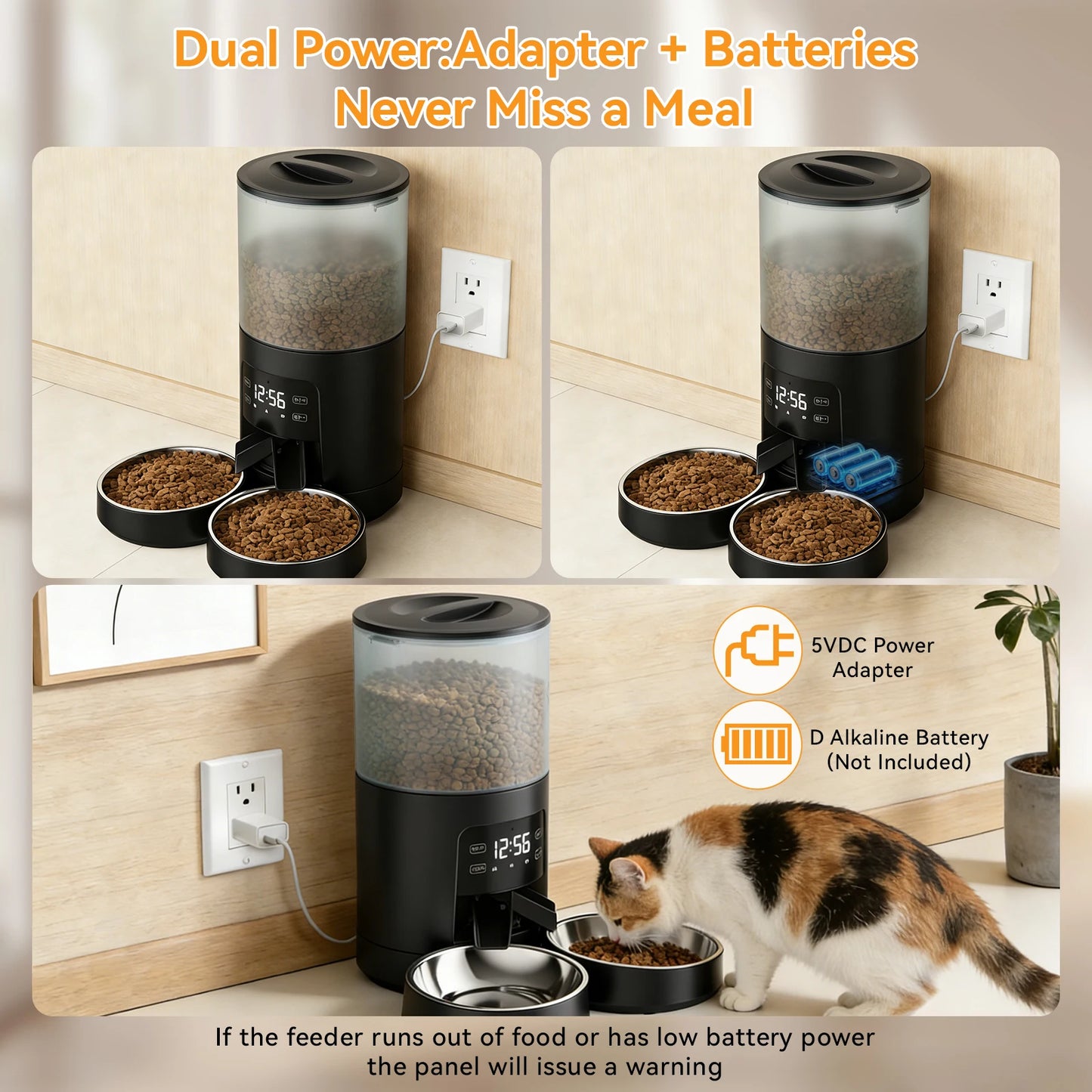 JHK Automatic Cat Feeder With Two Stainless Bowls And Timed Dispenser