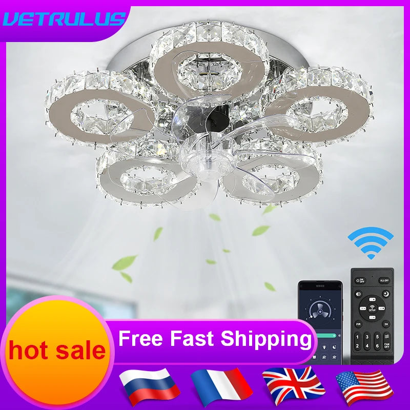 Vetrulus Smart Crystal LED Ceiling Fan Chandelier With Remote Control