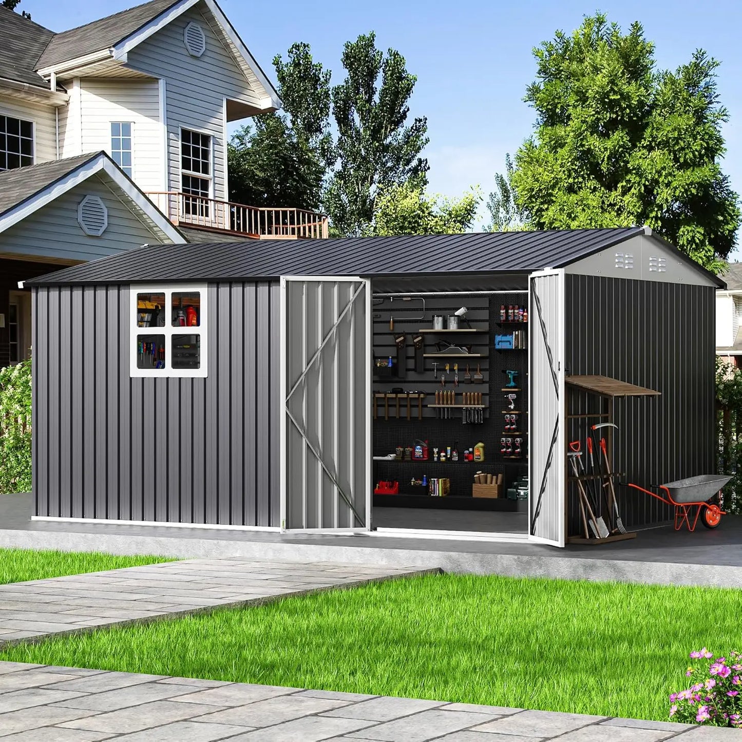 Outdoor Metal Storage Shed With Lockable Doors And Upgraded Frame