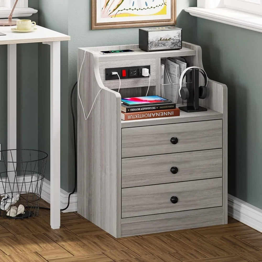 Nightstand Set With Charging Station And Hutch For Bedroom