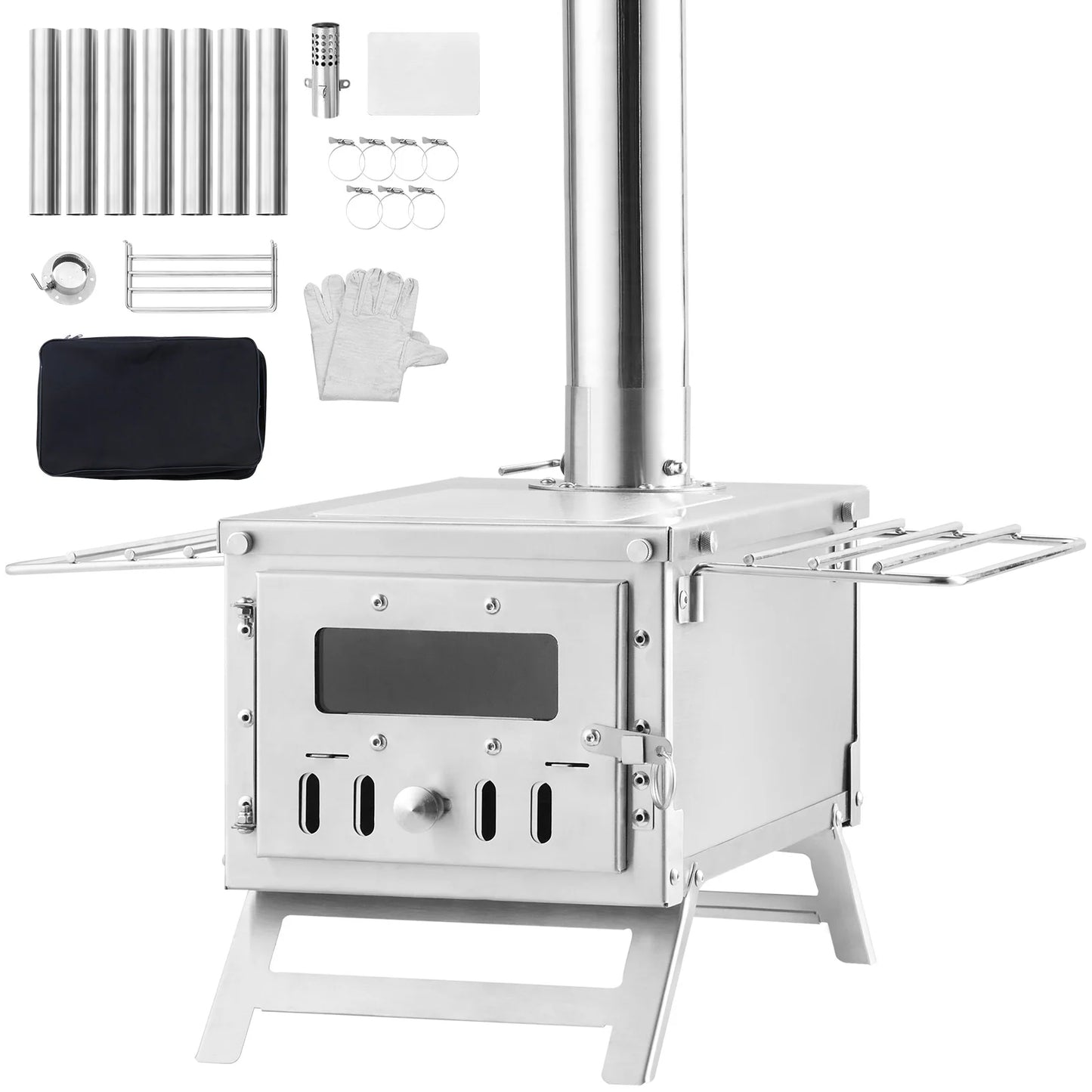 SucceBuy Stainless Steel Portable Camping Wood Stove With Chimney Pipes