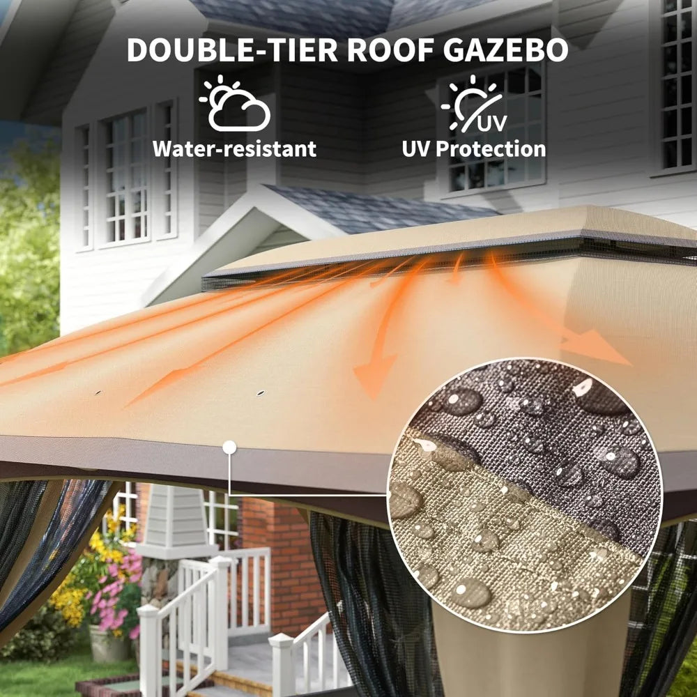 Outdoor Patio Gazebo Shelter With Netting And Vented Roof