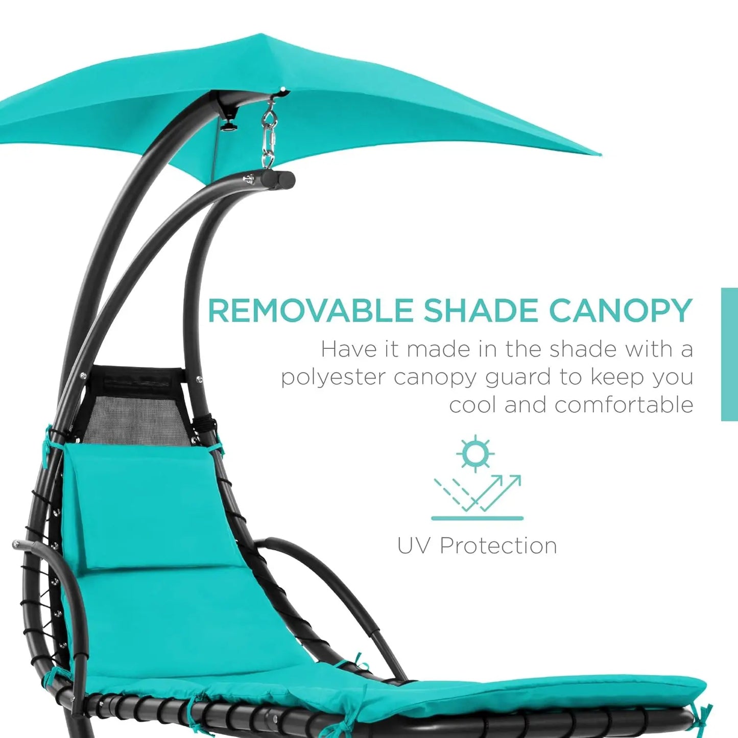Curved Steel Outdoor Hanging Chaise Lounge With Built In Pillow And Canopy